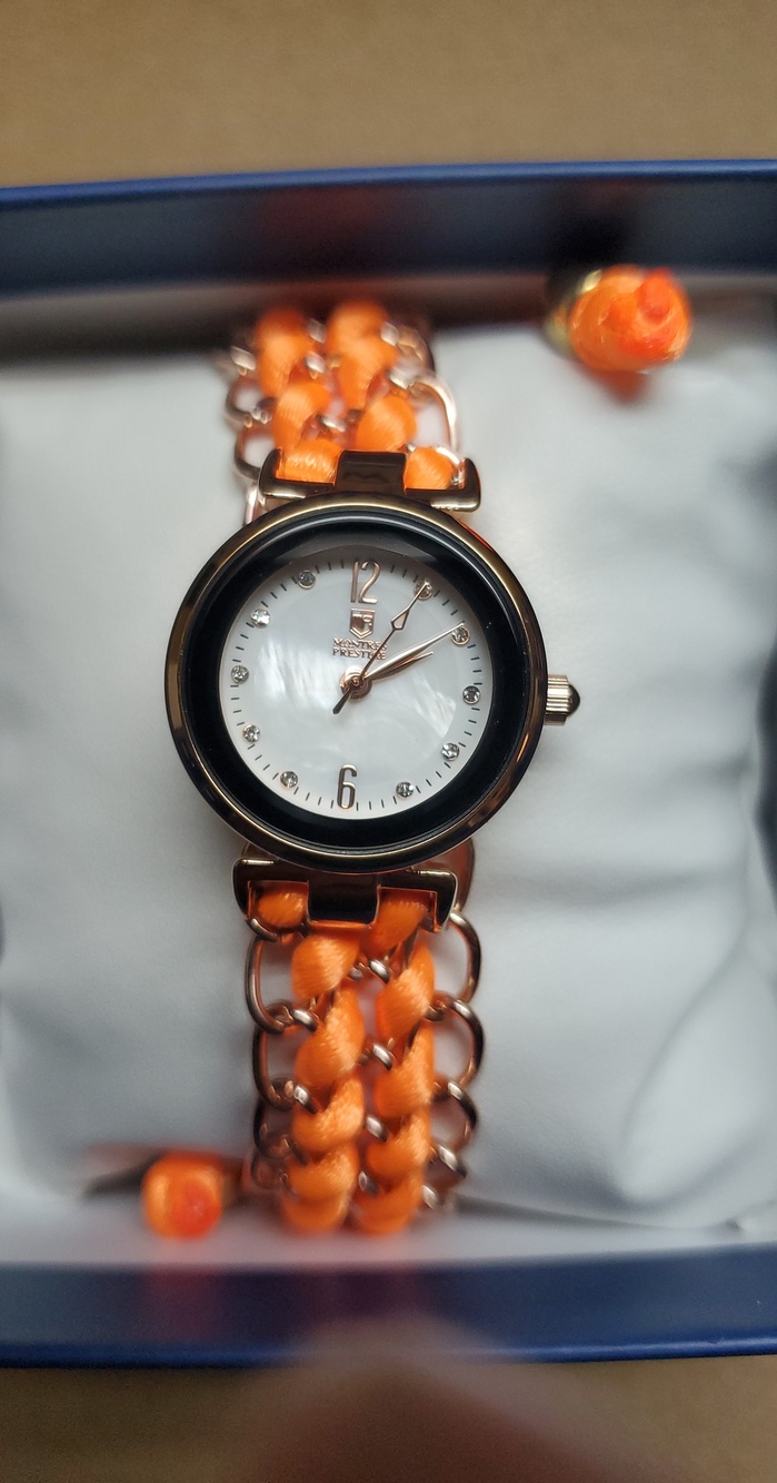 Elegant Women's Orange Chain-Link Watch with Mother-of-Pearl Dial